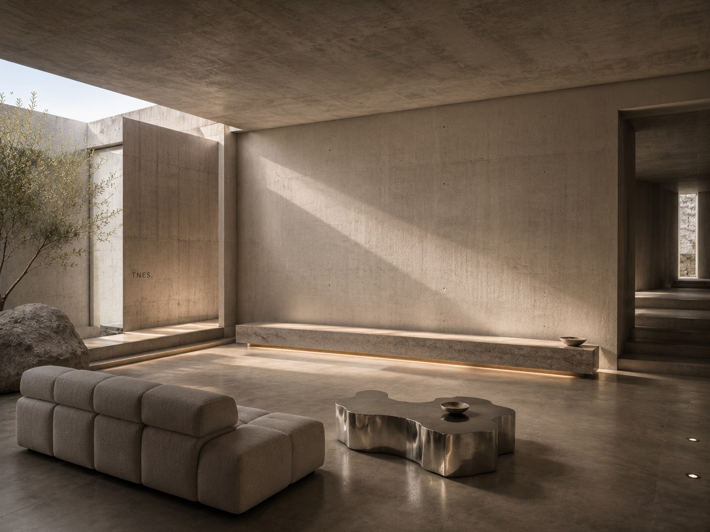 a board-formed concrete room in raking daylight, a long stone bench beneath a blank wall.
